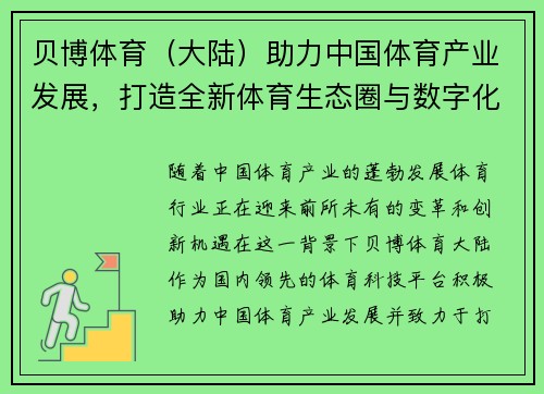 贝博体育（大陆）助力中国体育产业发展，打造全新体育生态圈与数字化平台